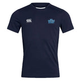 Introducing the King's Point Rugby Club Dry Tee by EMB Canterbury: a Navy blue rugby T-shirt with the iconic white Canterbury logo on the left chest and "World Schools Rugby" text on the right chest. Crafted with Vapodri Technology, it ensures quick-drying and breathable fabric for superior comfort.