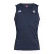 The League of Gentleman Adventurers Club Dry Singlet by EMB Canterbury is a navy blue sleeveless top with Vapodri Technology, featuring a white Canterbury logo on the right shoulder and a circular "LOGA" logo on the left chest—ideal for training.
