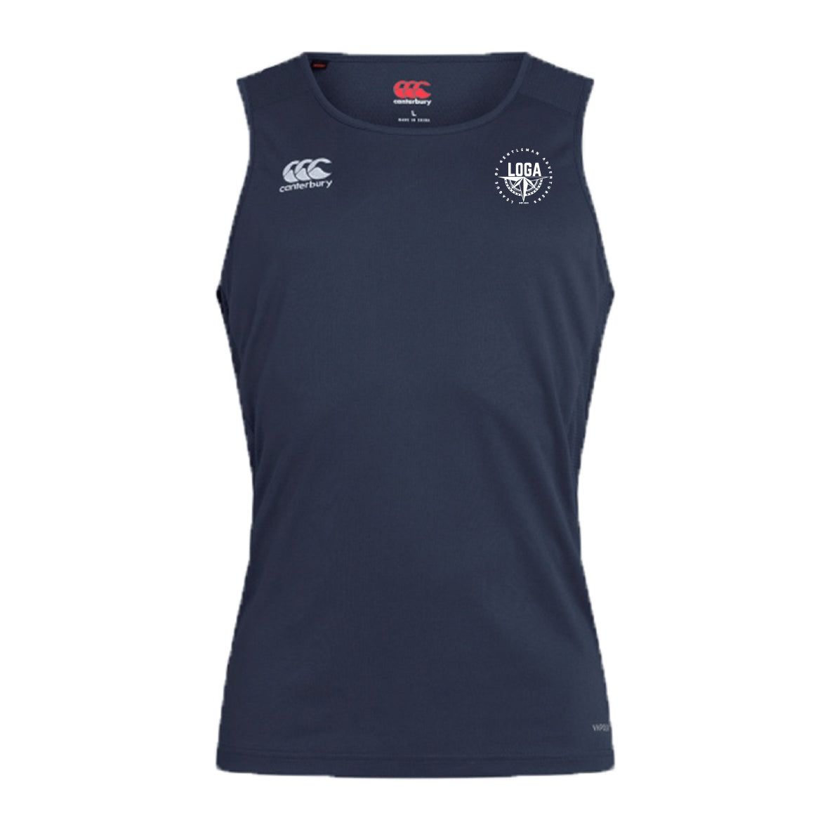 The League of Gentleman Adventurers Club Dry Singlet by EMB Canterbury is a navy blue sleeveless top with Vapodri Technology, featuring a white Canterbury logo on the right shoulder and a circular "LOGA" logo on the left chest—ideal for training.