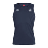The League of Gentleman Adventurers Club Dry Singlet by EMB Canterbury is a navy blue sleeveless top with Vapodri Technology, featuring a white Canterbury logo on the right shoulder and a circular "LOGA" logo on the left chest—ideal for training.