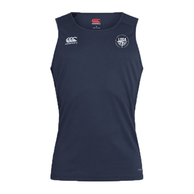 The League of Gentleman Adventurers Club Dry Singlet by EMB Canterbury is a navy blue sleeveless top with Vapodri Technology, featuring a white Canterbury logo on the right shoulder and a circular "LOGA" logo on the left chest—ideal for training.