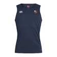 The NYC British and Irish Selects Club Dry Singlet by EMB Canterbury is a navy blue sleeveless sports jersey with Vapodri Technology. It features a white Canterbury logo on the left chest and a rugby crest on the right, combining style and performance for athletic enthusiasts.