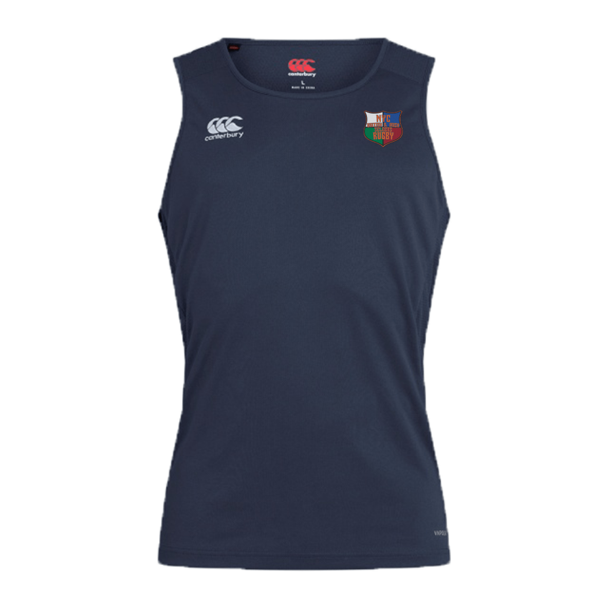 The NYC British and Irish Selects Club Dry Singlet by EMB Canterbury is a navy blue sleeveless sports jersey with Vapodri Technology. It features a white Canterbury logo on the left chest and a rugby crest on the right, combining style and performance for athletic enthusiasts.