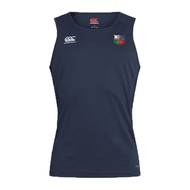 The NYC British and Irish Selects Club Dry Singlet by EMB Canterbury is a navy blue sleeveless sports jersey with Vapodri Technology. It features a white Canterbury logo on the left chest and a rugby crest on the right, combining style and performance for athletic enthusiasts.