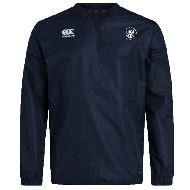 The EMB Canterbury League of Gentleman Adventurers Club Vaposhield Contact Top is a navy long-sleeve pullover with the Canterbury logo on the right chest and LOGA emblem on the left, featuring VapoShield for wet weather training.