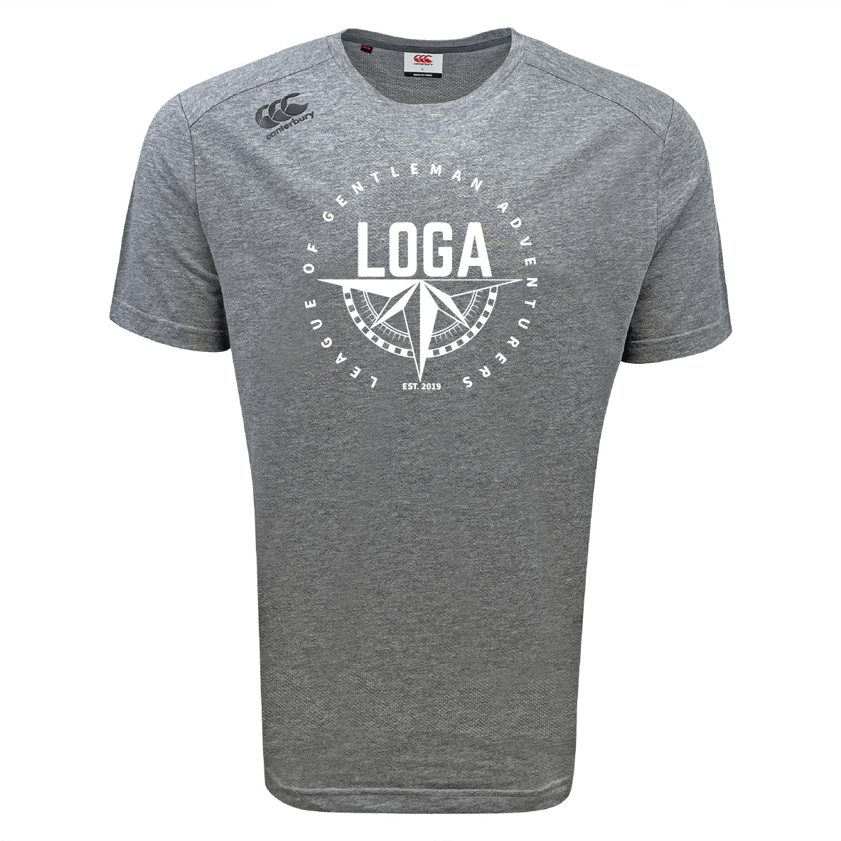 The League of Gentleman Adventurers Tempo Vapodri T-Shirt by WRS Canterbury is a heather gray athletic performance tee featuring a white circular "LOGA" compass logo on the chest and the Canterbury logo on the right shoulder.