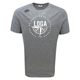The League of Gentleman Adventurers Tempo Vapodri T-Shirt by WRS Canterbury is a heather gray athletic performance tee featuring a white circular "LOGA" compass logo on the chest and the Canterbury logo on the right shoulder.