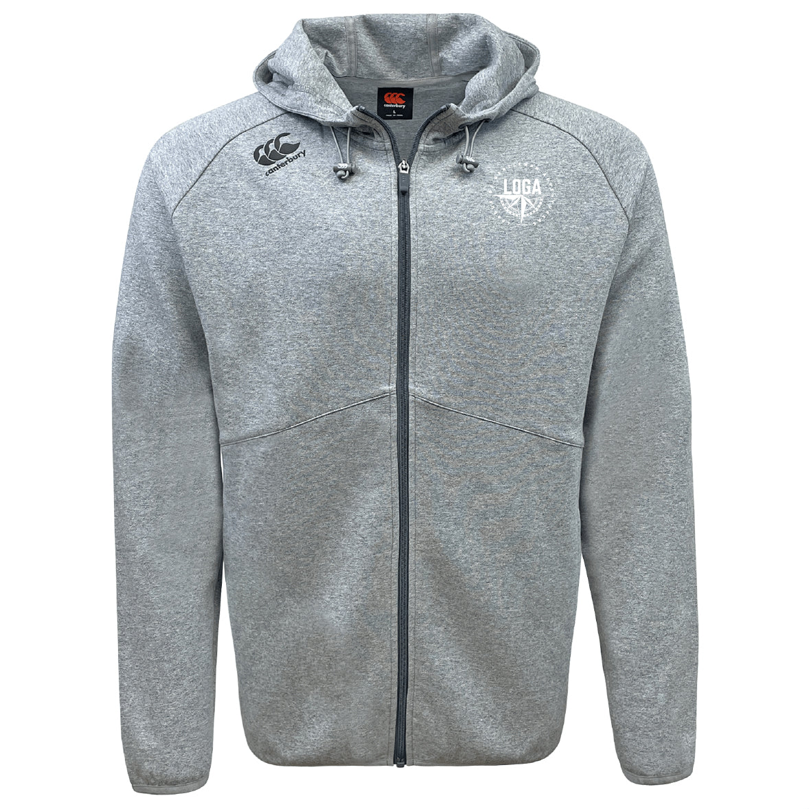 The EMB Canterbury League of Gentleman Adventurers Tempo Vapodri Full-Zip Hoodie is light gray with a hood, drawstrings, and two chest logos. It features moisture-wicking fabric and is shown on a plain white background.