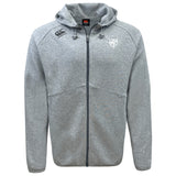 The EMB Canterbury League of Gentleman Adventurers Tempo Vapodri Full-Zip Hoodie is light gray with a hood, drawstrings, and two chest logos. It features moisture-wicking fabric and is shown on a plain white background.