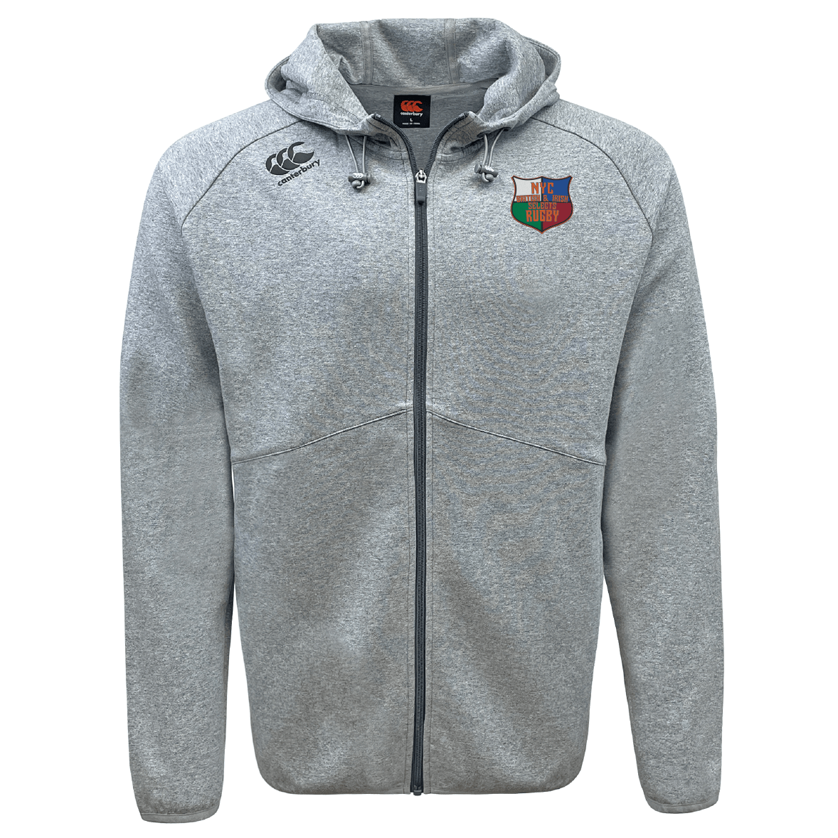 The light gray NYC British and Irish Selects Tempo VapoDri Full-Zip Hoodie by EMB Canterbury features moisture-wicking technology and has embroidered logos on the chest and shoulder.