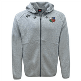 The light gray NYC British and Irish Selects Tempo VapoDri Full-Zip Hoodie by EMB Canterbury features moisture-wicking technology and has embroidered logos on the chest and shoulder.