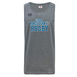 The King's Point Rugby Tempo Vapodri Singlet by WRS Canterbury is a gray sleeveless shirt made from recycled polyester, featuring "USMMA Kings Point Rugby" printed in blue on the front. It incorporates VapoDri technology to keep you cool and dry.