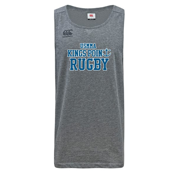 The King's Point Rugby Tempo Vapodri Singlet by WRS Canterbury is a gray sleeveless shirt made from recycled polyester, featuring "USMMA Kings Point Rugby" printed in blue on the front. It incorporates VapoDri technology to keep you cool and dry.