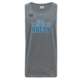 The King's Point Rugby Tempo Vapodri Singlet by WRS Canterbury is a gray sleeveless shirt made from recycled polyester, featuring "USMMA Kings Point Rugby" printed in blue on the front. It incorporates VapoDri technology to keep you cool and dry.