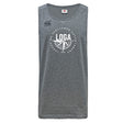The League of Gentleman Adventurers Tempo Vapodri Singlet by WRS Canterbury is a gray sleeveless tank top with a circular white "LOGA" graphic and logo, Canterbury branding, made from recycled polyester with VapoDri tech for comfort.
