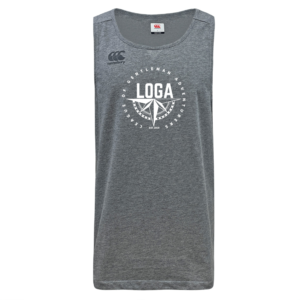 The League of Gentleman Adventurers Tempo Vapodri Singlet by WRS Canterbury is a gray sleeveless tank top with a circular white "LOGA" graphic and logo, Canterbury branding, made from recycled polyester with VapoDri tech for comfort.