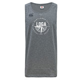 The League of Gentleman Adventurers Tempo Vapodri Singlet by WRS Canterbury is a gray sleeveless tank top with a circular white "LOGA" graphic and logo, Canterbury branding, made from recycled polyester with VapoDri tech for comfort.