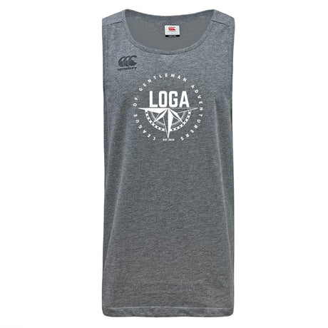 The League of Gentleman Adventurers Tempo Vapodri Singlet by WRS Canterbury is a gray sleeveless tank top with a circular white "LOGA" graphic and logo, Canterbury branding, made from recycled polyester with VapoDri tech for comfort.