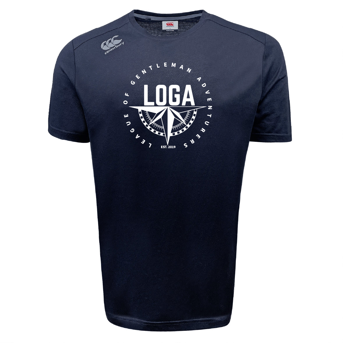 The WRS Canterbury League of Gentleman Adventurers Tempo Vapodri T-Shirt features a navy blue design with white "LOGA," compass graphic, and "League of Gentleman Adventurers" text—ideal as a moisture-wicking sports tee.