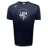 The WRS Canterbury League of Gentleman Adventurers Tempo Vapodri T-Shirt features a navy blue design with white "LOGA," compass graphic, and "League of Gentleman Adventurers" text—ideal as a moisture-wicking sports tee.