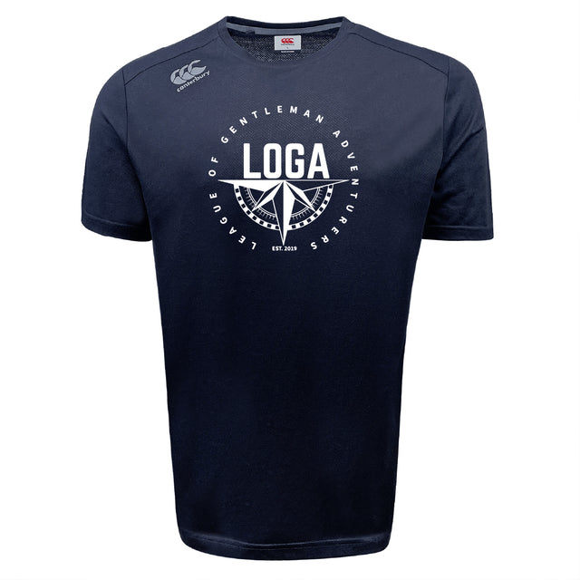 The WRS Canterbury League of Gentleman Adventurers Tempo Vapodri T-Shirt features a navy blue design with white "LOGA," compass graphic, and "League of Gentleman Adventurers" text—ideal as a moisture-wicking sports tee.