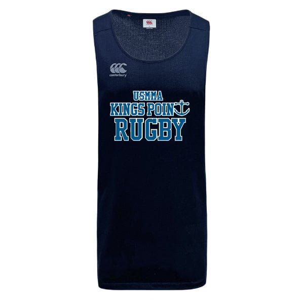 The King's Point Rugby Tempo Vapodri Singlet by Canterbury in navy blue showcases "USMMA KINGS POINT RUGBY" and an anchor symbol on the front. Made from recycled polyester, it utilizes VapoDri technology for enhanced comfort and includes WRS Canterbury branding, offering a perfect combination of style and performance.