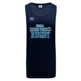The King's Point Rugby Tempo Vapodri Singlet by Canterbury in navy blue showcases "USMMA KINGS POINT RUGBY" and an anchor symbol on the front. Made from recycled polyester, it utilizes VapoDri technology for enhanced comfort and includes WRS Canterbury branding, offering a perfect combination of style and performance.