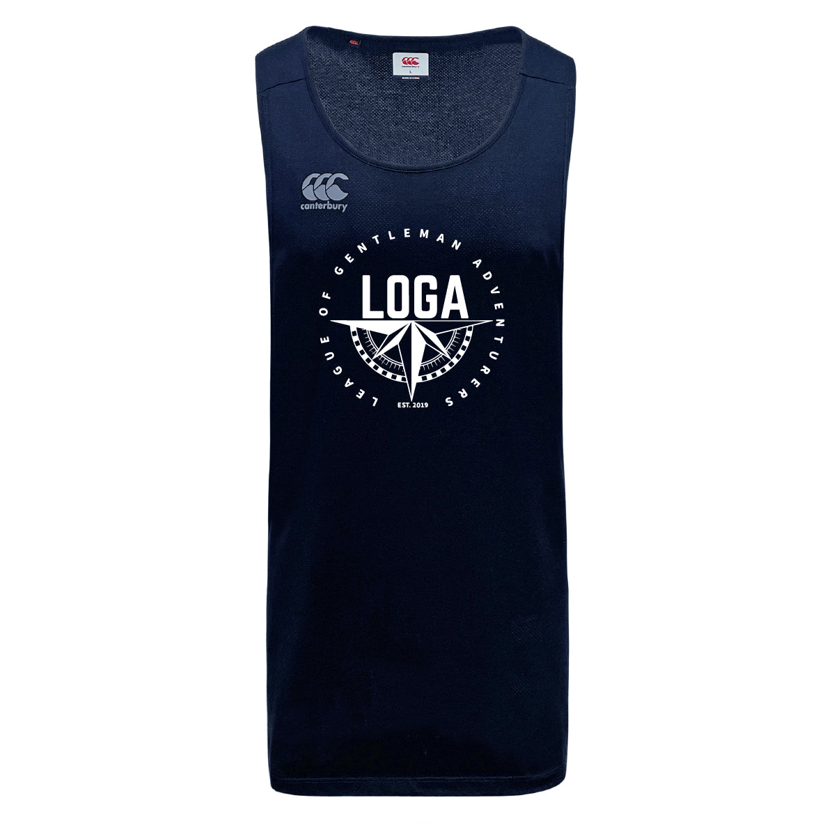 The League of Gentleman Adventurers Tempo Vapodri Singlet by WRS Canterbury is a navy blue sleeveless athletic tank featuring the Canterbury logo, a circular LOGA graphic, and is made from recycled polyester for comfort and sustainability.