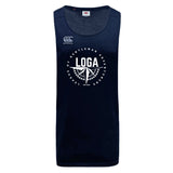 The League of Gentleman Adventurers Tempo Vapodri Singlet by WRS Canterbury is a navy blue sleeveless athletic tank featuring the Canterbury logo, a circular LOGA graphic, and is made from recycled polyester for comfort and sustainability.