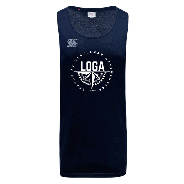 The League of Gentleman Adventurers Tempo Vapodri Singlet by WRS Canterbury is a navy blue sleeveless athletic tank featuring the Canterbury logo, a circular LOGA graphic, and is made from recycled polyester for comfort and sustainability.