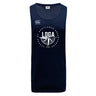 The League of Gentleman Adventurers Tempo Vapodri Singlet by WRS Canterbury is a navy blue sleeveless athletic tank featuring the Canterbury logo, a circular LOGA graphic, and is made from recycled polyester for comfort and sustainability.