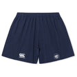 The League of Gentleman Adventurers Yokohama Short by EMB Canterbury in navy blue features an elastic waistband, Canterbury logo on the left leg, and LOGA badge on the right—durable rugby apparel for your collection.