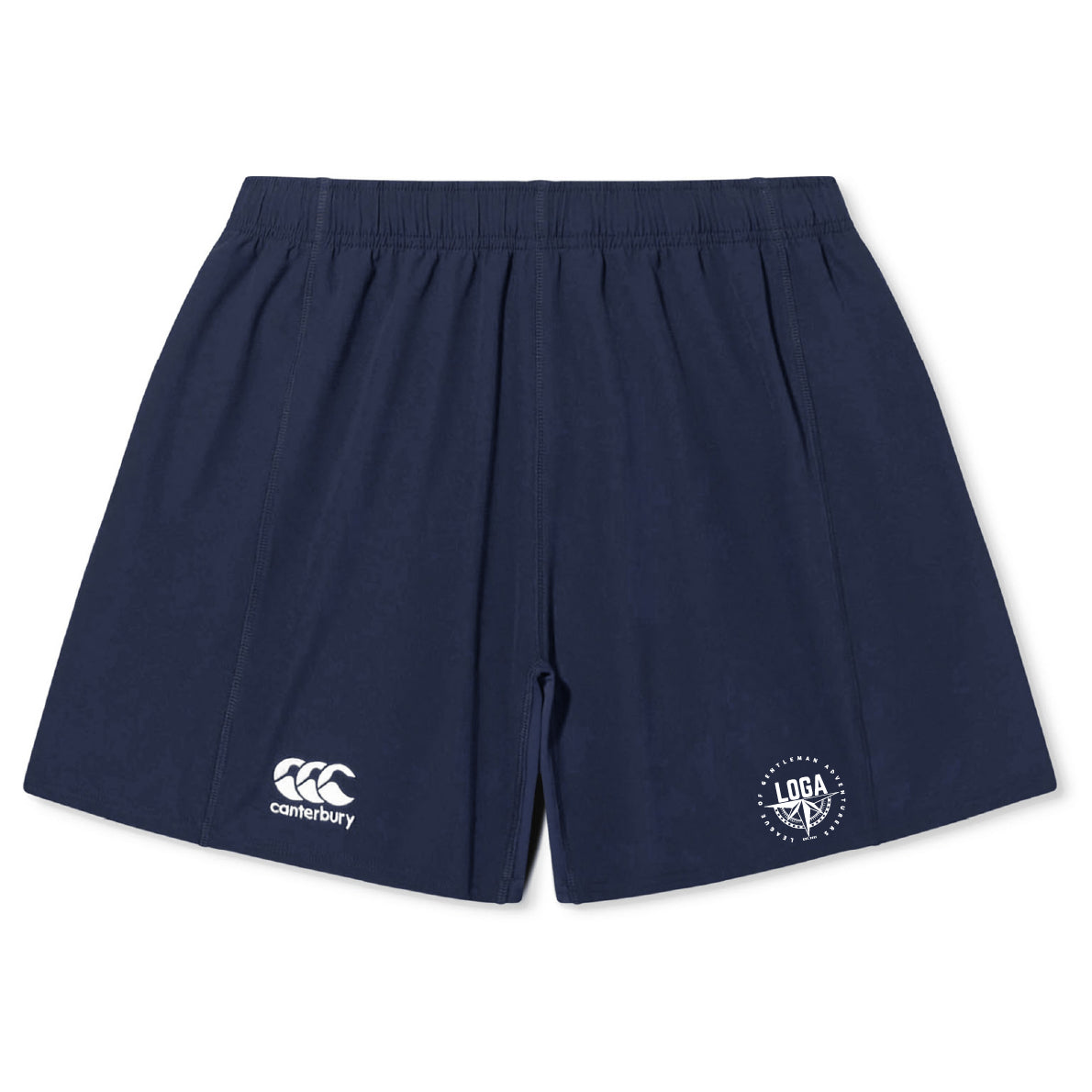 The League of Gentleman Adventurers Yokohama Short by EMB Canterbury in navy blue features an elastic waistband, Canterbury logo on the left leg, and LOGA badge on the right—durable rugby apparel for your collection.