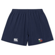 The NYC British and Irish Selects Yokohama Short by EMB Canterbury features a navy design, comfortable fit, and elastic waistband. It includes the Canterbury logo on the left leg and a colorful emblem on the right. Made from lightweight fabric, they're perfect for sports activities.