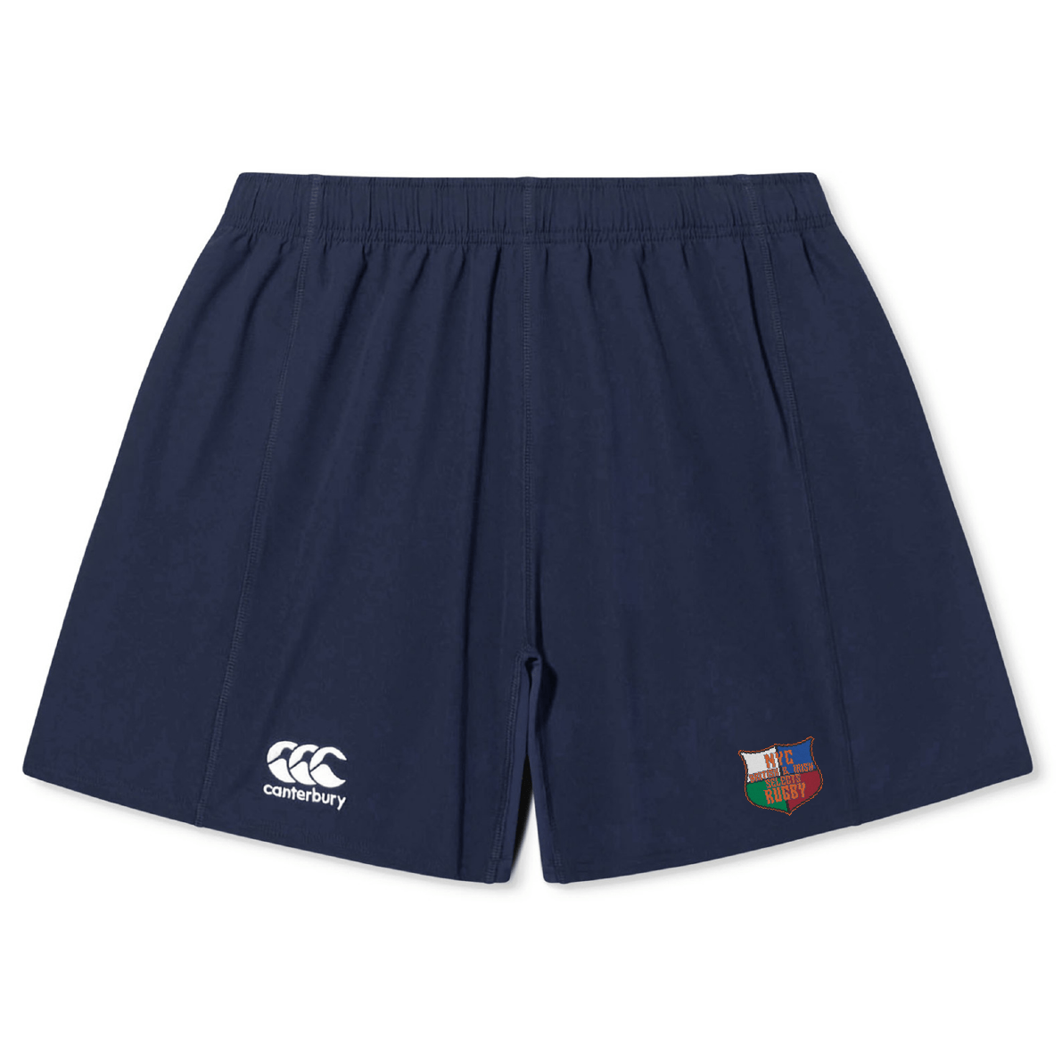 The NYC British and Irish Selects Yokohama Short by EMB Canterbury features a navy design, comfortable fit, and elastic waistband. It includes the Canterbury logo on the left leg and a colorful emblem on the right. Made from lightweight fabric, they're perfect for sports activities.