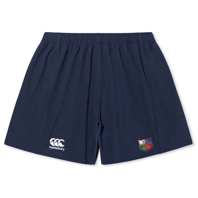 The NYC British and Irish Selects Yokohama Short by EMB Canterbury features a navy design, comfortable fit, and elastic waistband. It includes the Canterbury logo on the left leg and a colorful emblem on the right. Made from lightweight fabric, they're perfect for sports activities.