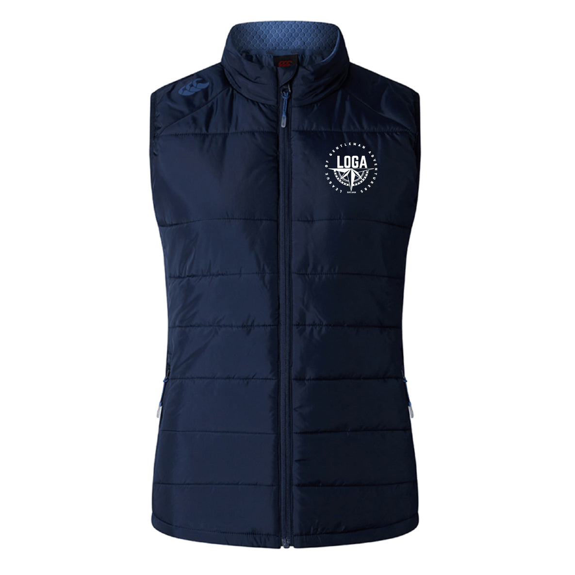 The League of Gentleman Adventurers Women's Elite Microlite Gilet by EMB Canterbury is a sleeveless navy blue quilted fleece vest with front zipper, high collar, and a white circular LOGA logo on the upper left chest.