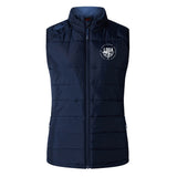 The League of Gentleman Adventurers Women's Elite Microlite Gilet by EMB Canterbury is a sleeveless navy blue quilted fleece vest with front zipper, high collar, and a white circular LOGA logo on the upper left chest.