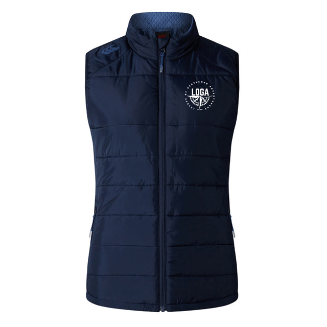 The League of Gentleman Adventurers Women's Elite Microlite Gilet by EMB Canterbury is a sleeveless navy blue quilted fleece vest with front zipper, high collar, and a white circular LOGA logo on the upper left chest.