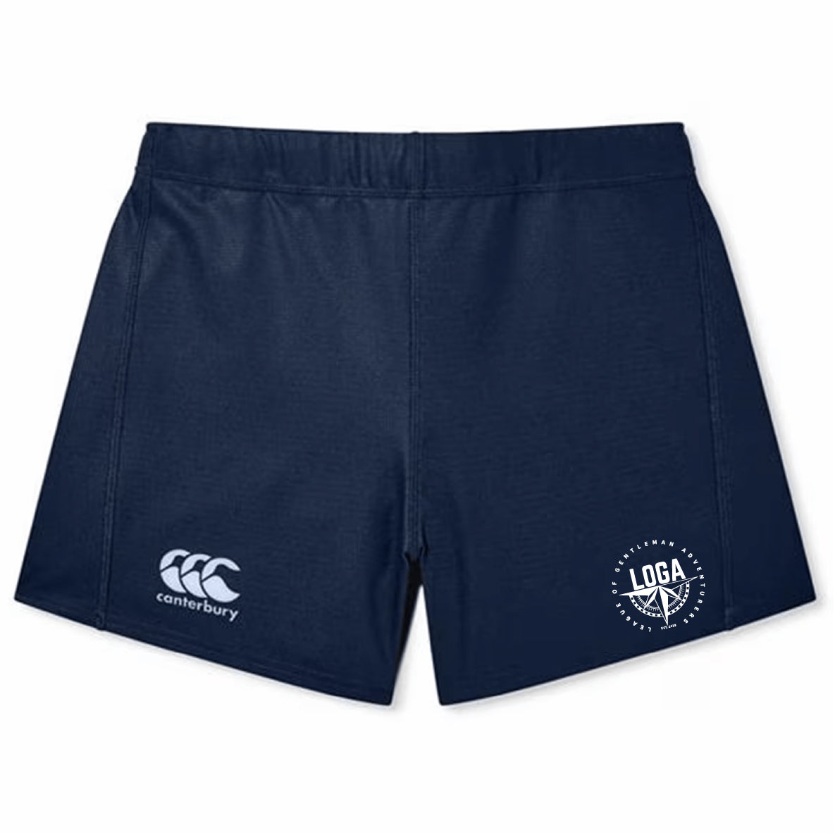 The EMB Canterbury League of Gentleman Adventurers Women's Yokohama Shorts feature a Canterbury logo and a "LOGA" emblem, offering lightweight durability—ideal for women's rugby.