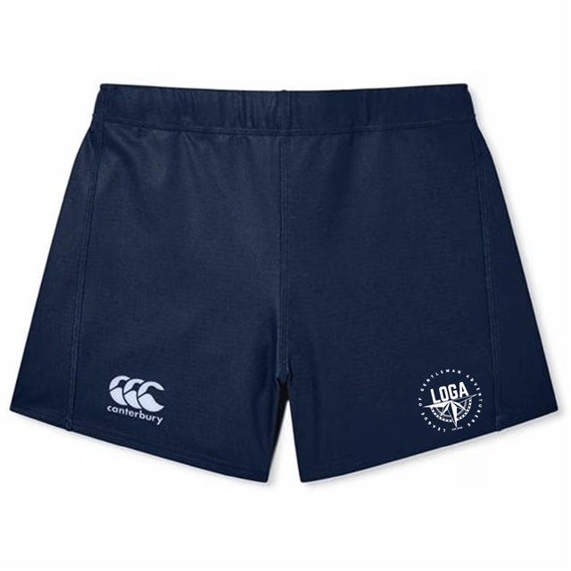 The EMB Canterbury League of Gentleman Adventurers Women's Yokohama Shorts feature a Canterbury logo and a "LOGA" emblem, offering lightweight durability—ideal for women's rugby.