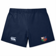 The NYC British and Irish Selects Women's Yokohama Shorts by EMB Canterbury are navy blue rugby shorts made from lightweight, durable fabric with Vapodri technology and feature a colorful rugby club logo on one leg.