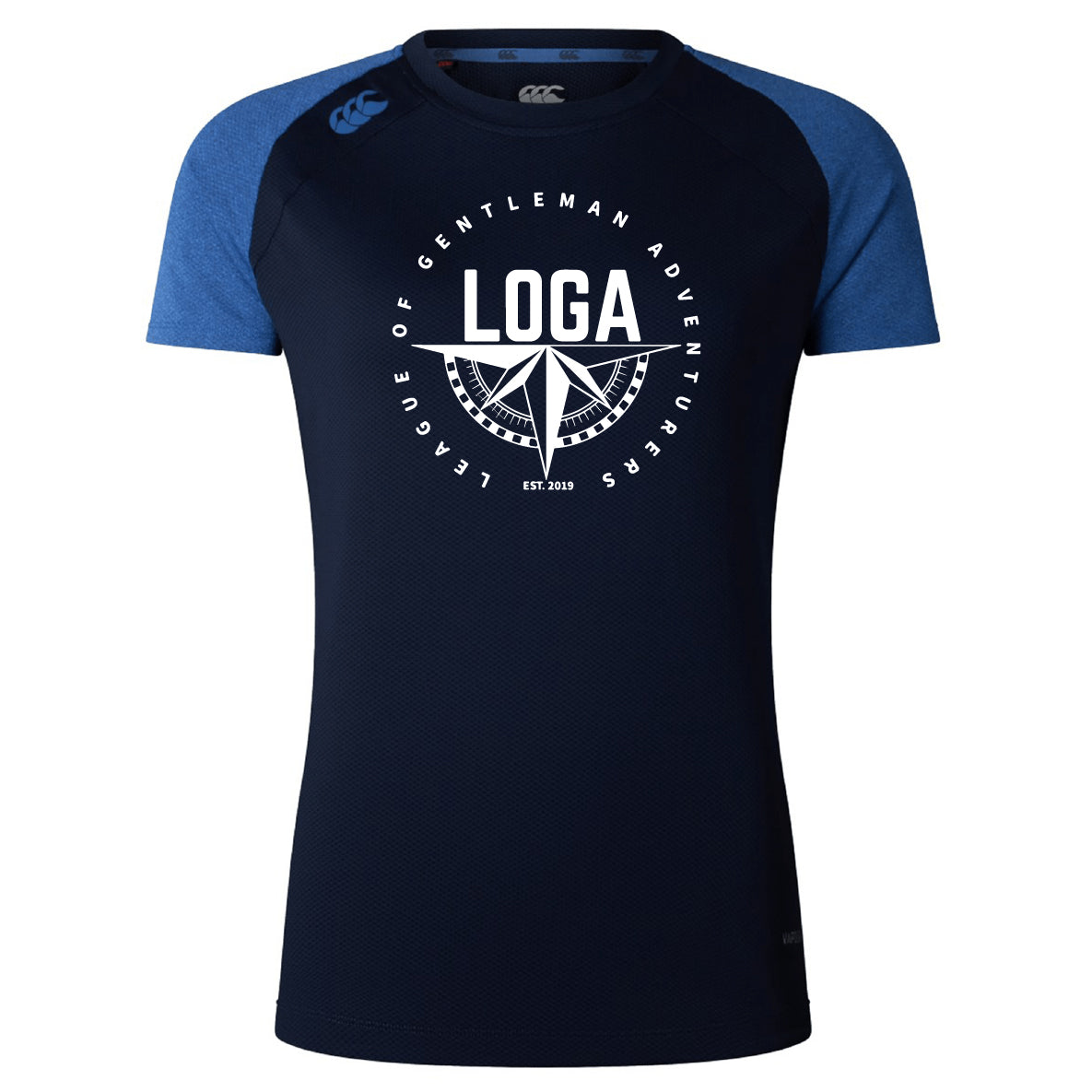 The League of Gentleman Adventurers Women's Elite Training Tee by WRS Canterbury features a navy and blue Vapodri design with LOGA and compass motif, plus "League of Gentleman Adventurers Est. 2019" on the chest—a perfect training shirt.