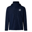The League of Gentleman Adventurers Elite Storm Jacket by EMB Canterbury is a navy waterproof hooded jacket with a white circular "LOGA" emblem on the chest and adjustable wrist straps—a great choice for rainy pitchside days.