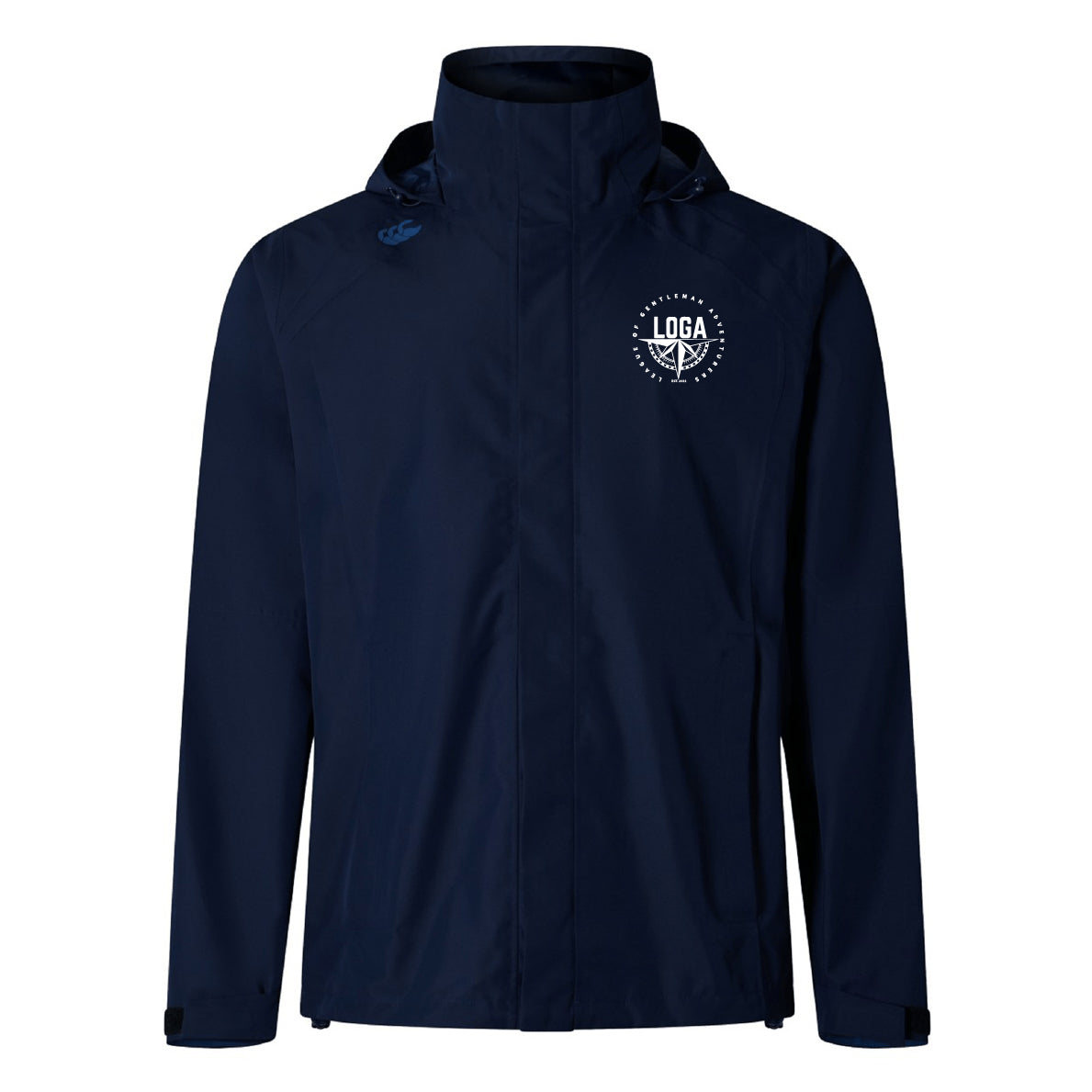 The League of Gentleman Adventurers Elite Storm Jacket by EMB Canterbury is a navy waterproof hooded jacket with a white circular "LOGA" emblem on the chest and adjustable wrist straps—a great choice for rainy pitchside days.
