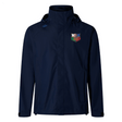 Introducing the NYC British and Irish Selects Elite Storm Jacket by EMB Canterbury: a navy blue, waterproof wonder with a multicolored shield emblem on the chest. Featuring Vaposhield technology, it stylishly shields you from the elements.