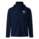 Introducing the NYC British and Irish Selects Elite Storm Jacket by EMB Canterbury: a navy blue, waterproof wonder with a multicolored shield emblem on the chest. Featuring Vaposhield technology, it stylishly shields you from the elements.