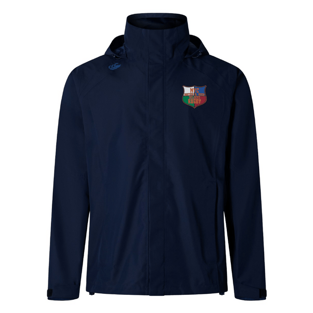 Introducing the NYC British and Irish Selects Elite Storm Jacket by EMB Canterbury: a navy blue, waterproof wonder with a multicolored shield emblem on the chest. Featuring Vaposhield technology, it stylishly shields you from the elements.