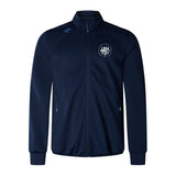 The League of Gentleman Adventurers Elite Windstopper Jacket by EMB Canterbury features navy blue softshell, long sleeves, two zip pockets, and a white "LOGA" logo on the left chest for comfort and style in any weather.