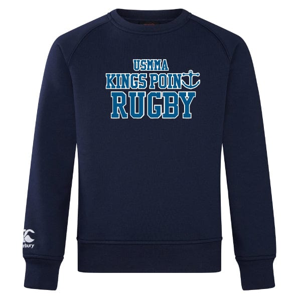 Experience ultimate comfort with the ultra-soft navy blue King's Point Rugby Club Crew Sweatshirt by Canterbury. Featuring "USMMA Kings Point Rugby" elegantly printed in white and blue, it also showcases an anchor symbol next to the text. The embroidered CCC logo completes this standout piece from WRS Canterbury.